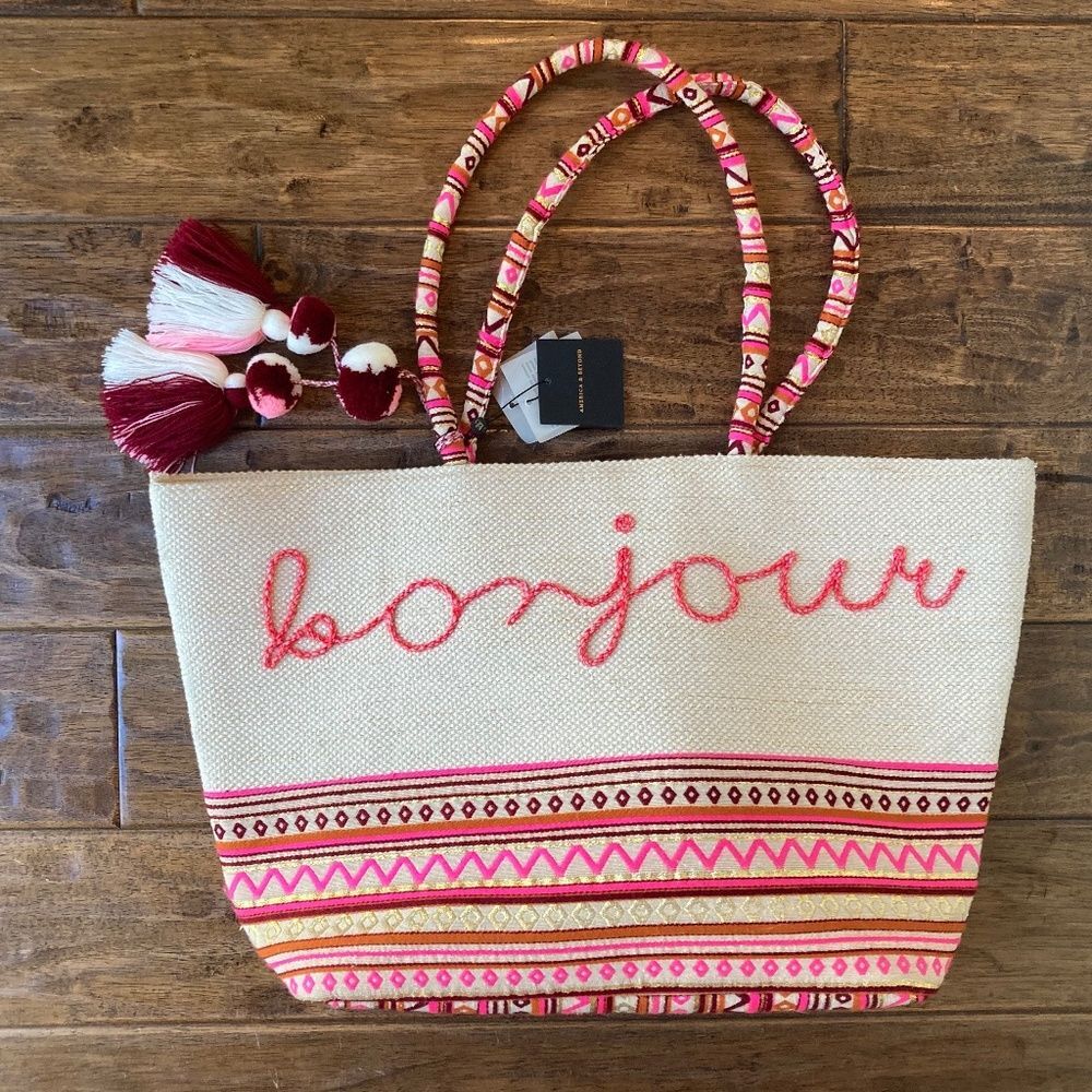 America & Beyond Bonjour Large Tote Pink Pom Pots Beach Vacation Resort